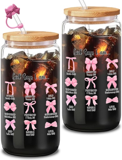 [BRSREY3QOJ4GMETG] God Says I Am Inspirational Tumbler, Coquette Pink 16oz Glass with Lid and Straw, Gift Set with Cleaning Brush, Uplifting Present for Christian Women, One Piece