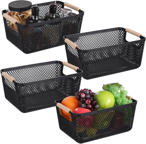 [BRSREFLROB5BACL6] 4 Pcs Plastic Mesh Baskets, Storage Baskets with Wooden Handles, Small Cabinet Organizer Bins, Stackable Closet Baskets for Fruits, Snacks, Cosmetics, Ideal for Kitchen Pantry, 10.8×7.3×4.8"