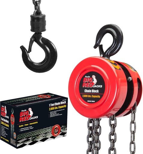[BRSROCADCEBRGDTX] BIG RED TR9010-4 Hand Chain Hoist: 2 Heavy Duty Hooks, 8ft/2.5m Manual Chain Fall for Warehouse Building and Automotive Machinery, 1 Ton (2000 Lbs) Capacity, Red