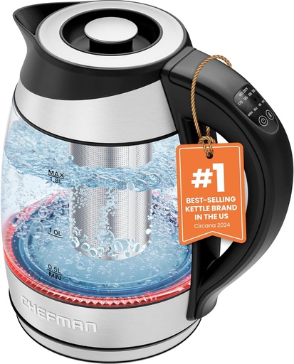 [BRSWGFAHCR6GGEY2] Chefman Electric Kettle with Temperature Control, 5 Presets LED Indicator Lights, Removable Tea Infuser, Glass Tea Kettle & Hot Water Boiler, 360° Swivel Base, BPA Free, Stainless Steel, 1.8 Liters