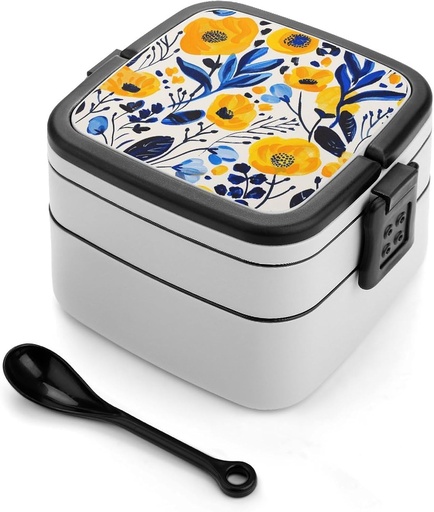 [BRSREZD5C57GM2A3] Yellow And Blue Flowers Bento Box Double-Layer Bento Lunch Container with Spoon And Invisible Handle Adult Leak-Proof Lunchbox for Dining Out Work Picnics Travel