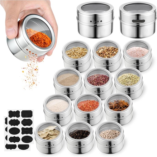 [BRSREZYBAAIGAHY3] 12pcs Stainless Steel Spice Jars, Magnetic Condiment Tins Magnetic Spice Jar With Clear Lid And Holes Sift&Pour - Easy To Clean