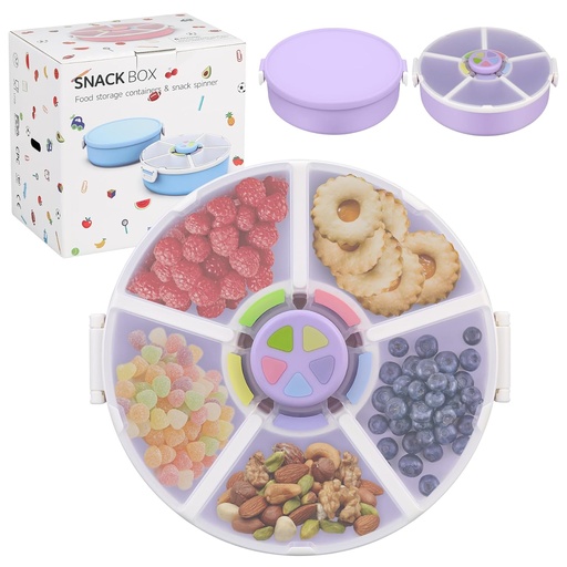 [BRSRE2YFOEOROD3V] Snack Rotator Container Reusable Snack Box with 5 Compartment Dispenser and Lid, Color Matching Opening Lid, BPA and PVC Free, for Home, School, Travel (2 Pack- Purple)