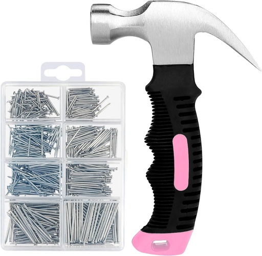 [BRSWYGIYO4AWCD33] KURUI 700PCs Small Nails for Hanging Pictures & 8oz Small Hammer for Women, Pink Tool for Hanging Canvas Wall Art/Tapestry/Frame, Hardware Nails Assortment Kit for Living Room/Bedroom/Outdoor Decor