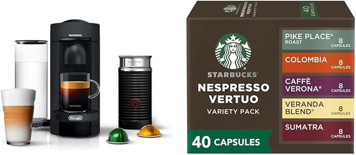 [BRSREFQ7B54BACQ3] De'Longhi Nespresso Vertuo Plus Deluxe Coffee and Espresso Maker, Matte Black with Aeroccino Milk Frother + Starbucks by Nespresso Capsules, Vertuo Line