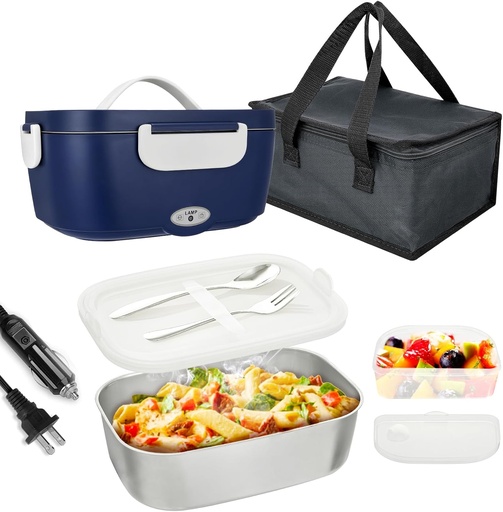 [BRSRAZA3B57BGELK] VICARKO Electric Lunch Box 80W Food Heater for Adults 12~24/110~220V Portable Heated Warmer for Car/Truck/Office with SS Fork Spoon, 1.5L, 304 Container