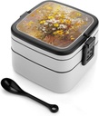 Bouquet of Yellow Flowers Bento Box - Double Layer, Leakproof Food Containers with Partition & Spoon, Stackable Lunch Box for Office, Travel, Camping