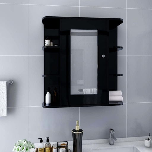 [BRSREAD4OV6BGYDP] Black MDF Bathroom Mirror Cabinet, Wall Mounted with Glass Door, 26x26 Inch Storage Organizer for Toiletries, Modern Home Vanity