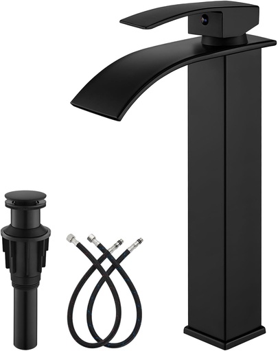 [BRSW2ZYRDJ5AKGT5] gotonovo Waterfall Tall Bathroom Faucet Single Handle Bathroom Faucets for Sink 1 Hole Stainless Steel Vessel Sink Faucet Modern Mixer Tap Wash Basin Faucet with Pop Up Drain, Matte Black