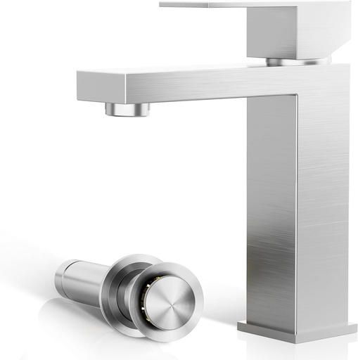 [BRSW2BIEDJ4GGAY3] Phiestina Single Hole Brushed Nickel Square Single Handle Bathroom Vanity Faucet with Metal pop up Drain with Deck Plate, Overflow & Water Supply line, BF3530-BN