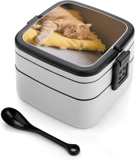 [BRSREGIRB5YAKALL] Cozy Cat Bento Box - Double Layer, Leakproof Food Containers with Partition & Spoon, Stackable Lunch Box for Office, Travel, Camping
