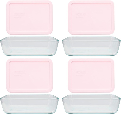 [BRSW2GD7CF5G2YA3] Pyrex 7210 3-Cup Glass Dish & 7210-PC Loring Pink Lid (4-Pack) - Made in USA