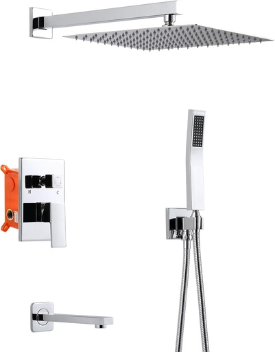 [BRSRAC36BANWE3T6] ROVOGO Shower Faucet Set with Tub Spout, Rain Shower and Handheld, 12 inch Bathtub Shower System with Valve and Trim Kit, Made of Stainless and Brass, Square, Chrome