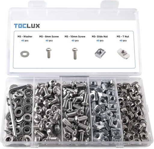 [BRSREYYKOUDWY23L] 200pcs 2020 Series M5 T-Nut and Screw Kit – Sliding & Drop-in T-Nuts, M5x8mm & M5x10mm Screws, Washers, Ball-End Hex Wrench – for 6mm T-Slot Aluminum Extrusion Accessories Extruded Aluminum Hardware