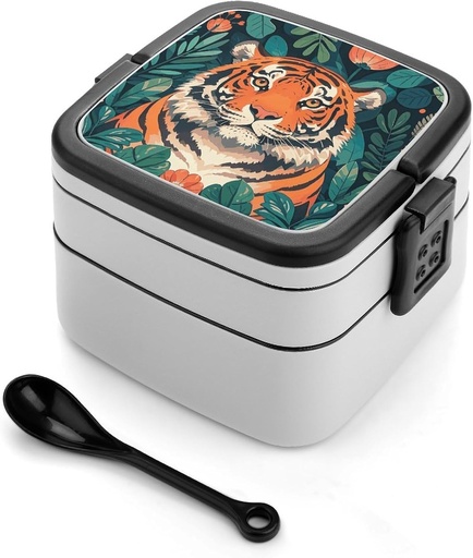 [BRSREHYNA4MQGADP] Stackable Double-Layer Bento Box Forest Tiger Adults Lunchbox With Spoon Cute Japanese Bento Box Dishwasher Safe for Work Travel Dining Outc