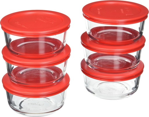 [BRSWKEAKCYORM3DK] Pyrex (6) 7200 2 Cup Glass Bowls & (6) 7200-PC Red Food Storage Replacement Lids - Made in USA