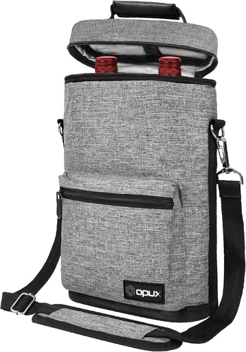 [BRSWGBQOAUOWA2TX] opux Wine Bag 2 Bottle Wine Tote Carrier, Insulated Wine Cooler Bag for Travel Picnic, Leakproof Portable Padded Case, Wine Gifts For Women Men Wine Lovers Christmas, Heather Gray