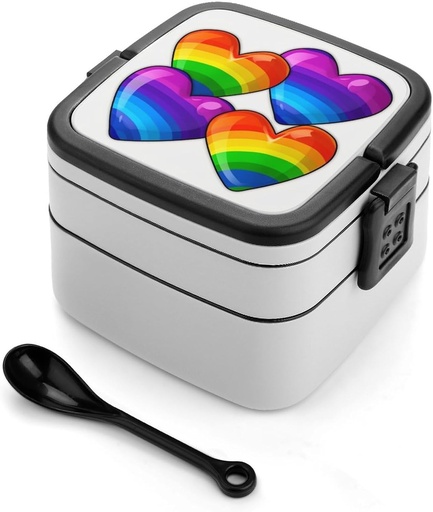 [BRSREZD5CQFGYALZ] Rainbow Colored Gay Pride Hearts Bento Box Double-Layer Bento Lunch Container with Spoon And Invisible Handle Adult Leak-Proof Lunchbox for Dining Out Work Picnics Travel