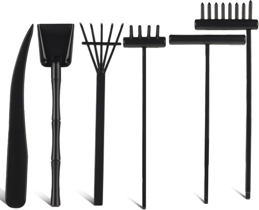 [BRSRAGQKDMCAOA3V] 6Pcs Mini Zen Garden Kit - Desktop Sandbox With Black Rake Tools, Meditation Sand, Rock Push Drawing Pen Toy, and Accessories