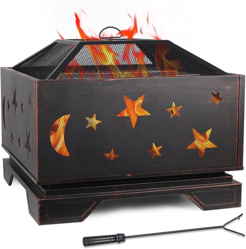 [BRSRAFI2CNYQGADX] 2-in-1 Fire Pit with Grill, 26 Inch Outdoor Fire Pit Square Extra Deep Wood Burning Firepits Large Bonfire with Cooking Grate & Poker for Outside, Patio, Backyard