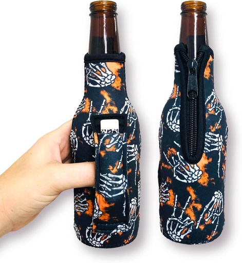 [BRSROCAZB56RGG3A] 12 oz Beer Bottle Handler - Neoprene Bottle Sleeve with Pocket Handle - Insulated Beer Sleeves, Skeleton Hands