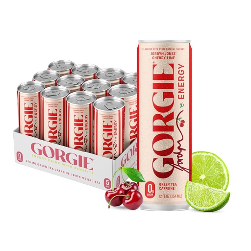 [BRSRAAQFOUNROADO] GORGIE Jordyn Jones Cherry Lime, Sugar-Free Natural Energy Drink Sparkling, Healthy Energy Drinks - Green Tea, Biotin, B Vitamins -150mg Caffeine, Vegan, & Low Calorie (Pack of 12)