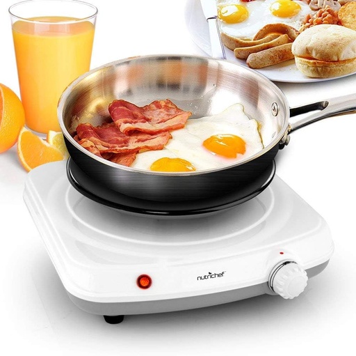 [BRSWGFQ5AR4BU23P] Electric Countertop Single Food Burner - Buffet Hot Plate Dish Warmer with Adjustable Temp, LED Light - Use with Stainless Steel, Cast Iron, Magnetic Cookwares - Home, Camping - NutriChef PKST11, White, One Size