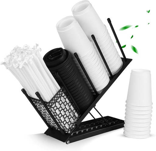 [BRSROGINCQBAY3I7] Oslow Cup Dispenser - Heavy-Duty Metal Coffee Cup Holder for Countertop with Adjustable Height - Cup Organizer for Restaurant, Cafe, Office Kitchen or Break Room, Home Coffee Bar - 11.5x4.5x15", Black