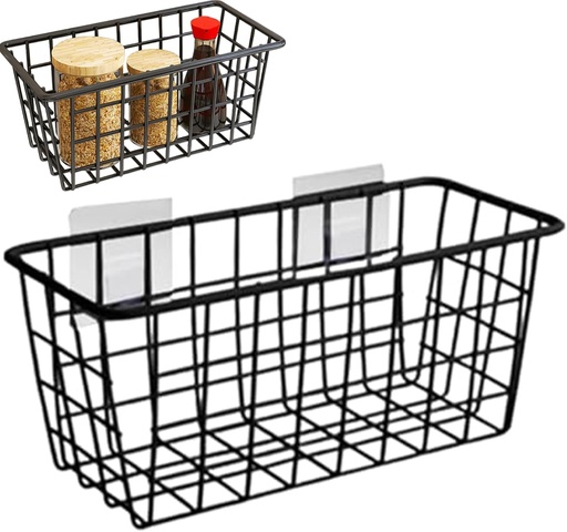 [BRSRACAKCIMW2D37] Black Wire Basket, 11x4.7x4.7 Inch Metal Basket, Countertop/Wall Hanging Organizers with Hooks for Organizing Kitchen Pantry Bathroom Wall Container.