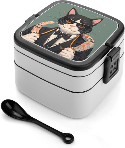 [BRSRE2QHPN7GKET6] Cool Rich Gangster Boss Cat Bento Box Leak-Proof Double Layered Lunch Containers with Spoons And Invisible Handle, Portable Lunch Boxes for Work Picnic Travel