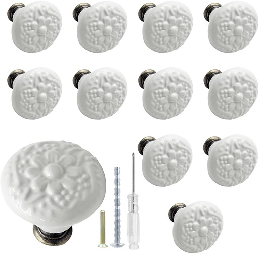 [BRSROHQYB4OR4ADB] Biaungdo 12 Pcs White Ceramic Kitchen Cabinet Knobs and Pulls, Retro Vintage Round Drawer Knobs, Decorative Closet Door Handles