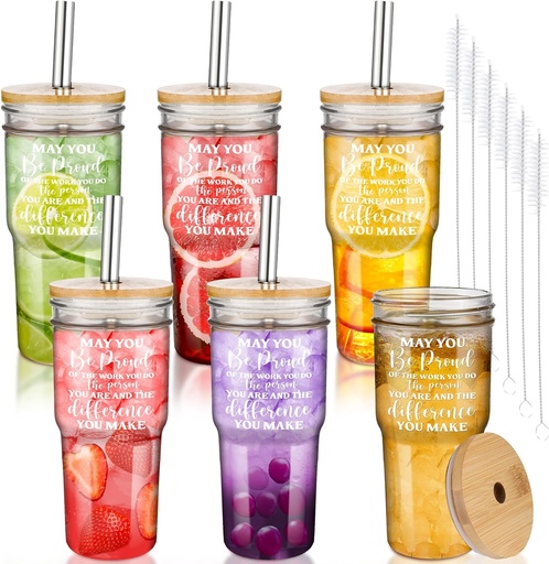 [BRSROHQQOANBYFDL] Nitial 6 Pack Employee Appreciation Gifts 24oz Glass Thank You Glass Cups with Lids Straws Brushes Appreciation Gifts Set Can Beer Cup for Teacher Nurse Staff Coworker Reusable Tumblers Party Favors
