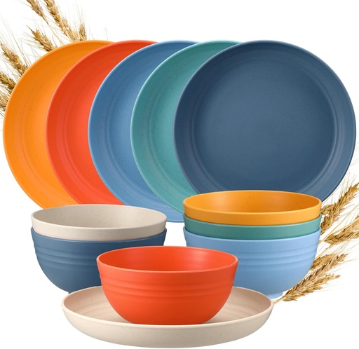 [BRSROEIDCMDQY2TL] Sliner 12 Pcs Wheat Straw Dinnerware Sets Plates and Bowls, 6 Pcs 9 Inch Dinner Plates 6 Pcs 28 oz Unbreakable Cereal Bowls Lightweight Reusable Plastic Dinnerware Dishwasher Microwave Safe, 6 Color