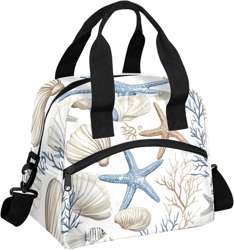 [BRSREYADPJ5WC2DB] Nautical Coastal Lunch Bag for Men Women Adults Ocean Beach Seashell Starfish Themed Insulated Lunch Box Leakproof Cooler Tote Bag Organizer with Adjustable Shoulder Strap