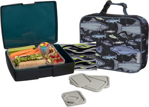 [BRSWGAT7O4BQEHT5] Bentology Lunch Bag and Box Set for Kids - Boys Insulated Lunchbox Tote, Bento Box, 5 Containers and Ice Pack - 9 Pieces - Fish