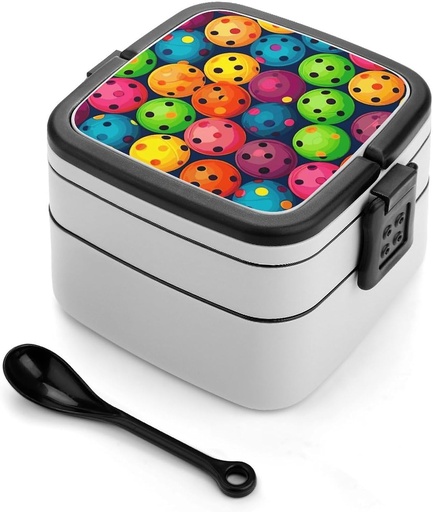[BRSRA23ROZYB4FA6] Pickleball Balls Colors Pattern Bento Box with Compartments Double Layer Bento Lunch Box with Spoon And Handle All-in-One Adult Lunchbox Leakproof Lunch Container for Work Picnic Travel