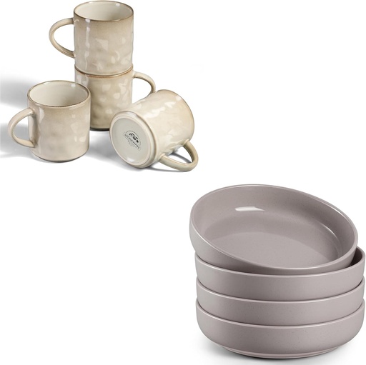 [BRSREHYCPIAQEDQU] HaWare 8 PCS Coffee Mugs and Pasta Bowls Set of 4, Stoneware Coffee Cups with Handle and Large Salad Bowls, Scratch-resistant Ceramic Dinner Dish Set, Microwave & Dishwasher Safe (14oz, 33oz)