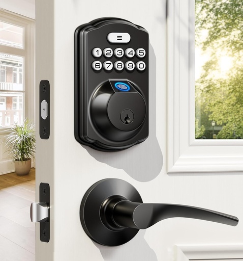[BRSRMHYYPMFREH35] Veise Fingerprint Door Lock with 2 Lever Handles - Keyless Entry Door Lock, Electronic Keypad Deadbolt, Digital Smart Code & Front Handle Sets, Auto-Locking, Easy Installation, Matte Black