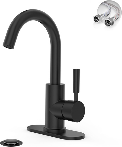 [BRSWYYYNAQMR6H3V] Phiestina Single Hole Matte Black Single-Handle High-Arc Stainless Steel Faucet for Pre-Kitchen Sink/Bar Sink/Bathroom Sink, with 4 Inch Deck Plate and Supply Hoses, Matte Black, WE08E-MB