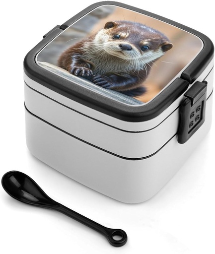 [BRSREZDYBF4AY2A2] Cute Otter Bento Box Double-Layer Bento Lunch Container with Spoon And Invisible Handle Adult Leak-Proof Lunchbox for Dining Out Work Picnics Travel