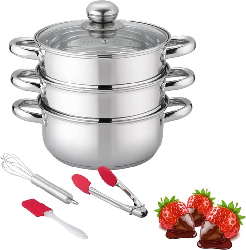 [BRSW22T2CQDRE3T4] Double Boiler & Steam Pots for Chocolate and Fondue Melting Pot, Candle Making, Stainless Steel Steamer with Tempered Glass Lid for Clear View while Cooking, Dishwasher (3 Cooking Utensils Set)
