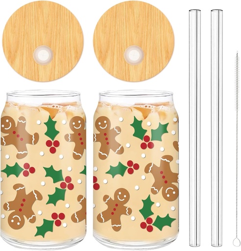 [BRSROGARBB7QEEL7] 2 Pack Christmas Drinking Glasses 16oz Gingerbread Man With Holly Glass Cup Xmas Iced Coffee Cup with Lid Straw Cleaning Brush for Home Office Gifts