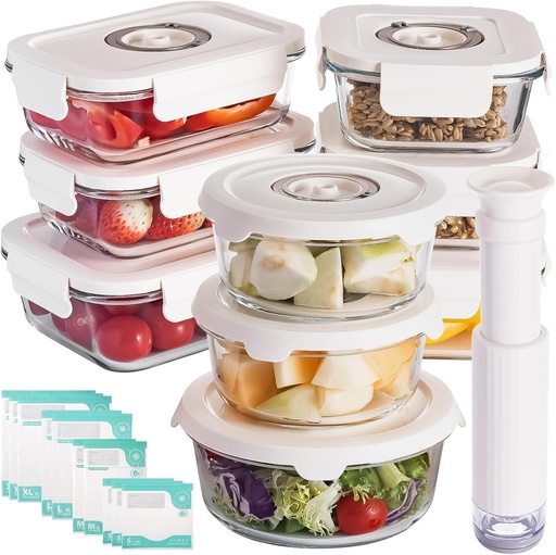 [BRSRAAQHAANBOYIZ] Glass Vacuum Sealable Container Set - 9 Pieces, 6 Sizes, Hand Pump, 10 Bags