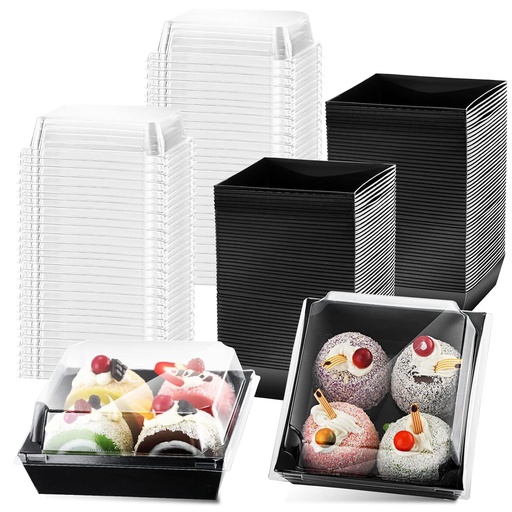 [BRSRMAQBDIAWE2QZ] 100 Pack Charcuterie Boxes with Clear Lids Valentine Gift 5 Inch Cookie Boxes Disposable Cake Case Paper Square Cookie Containers Dessert for Sandwich Slice Cake Hot Cocoa Bombs Strawberries(Black)