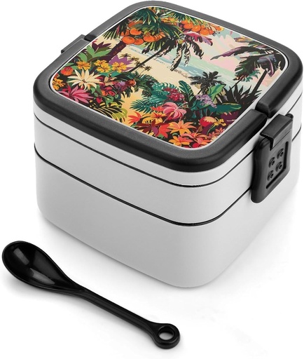 [BRSREZD3AR4GGYLX] Tropical Floral Pattern Bento Box Double-Layer Bento Lunch Container with Spoon And Invisible Handle Adult Leak-Proof Lunchbox for Dining Out Work Picnics Travel