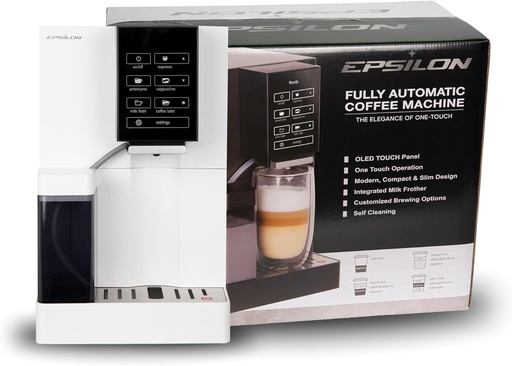 [BRSRACDRCEMB62TA] Epsilon Fully Automatic Coffee Machine, Modern One Touch Espresso Machine, Integrated Milk Frother and Custom Brewing Cafe Maker, Compact Countertop Size, Self Cleaning Cafetera (White)
