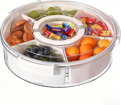 [BRSREHQRAB4BAG3B] Divided Serving Tray with Lid and Handle Spinning Snackle Box Container for Candy Organizer Portable Veggie Trays for Serving for Party,Trave and Picnic Clear Lazy Susan Serving Tray (milky white)