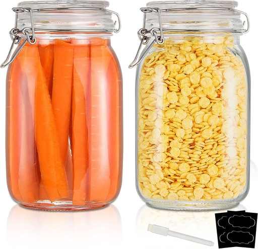 [BRSWGAILDIMRG33B] YEBODA 48oz Food Storage Canister Glass Jars with Clamp Airtight Lids and Silicone Gaskets for Multi-Purpose Kitchen Containers - Clear Square (2 Pack)