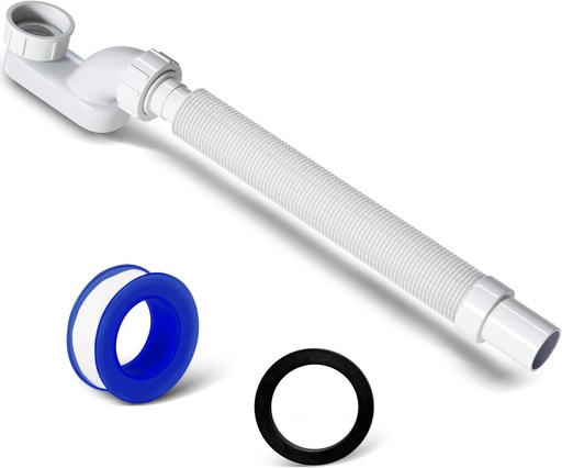 [BRSROAYQBUDQ2C3X] VIVIDA Bathtub Shower Drain Pipe, 1-1/2" Low Profile P Trap Bathtub Fittings, Flexible Flat P Trap Freestanding Tub Drain for Bath and RV, Sealing Tape Included, White, 1 PACK