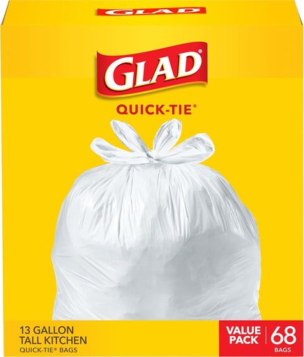 [BRSRO2YECAHROHTG] Glad Tall Kitchen Trash Bags 13 Gallon, Unscented Garbage Bags, Quick-Tie, 68 Count
